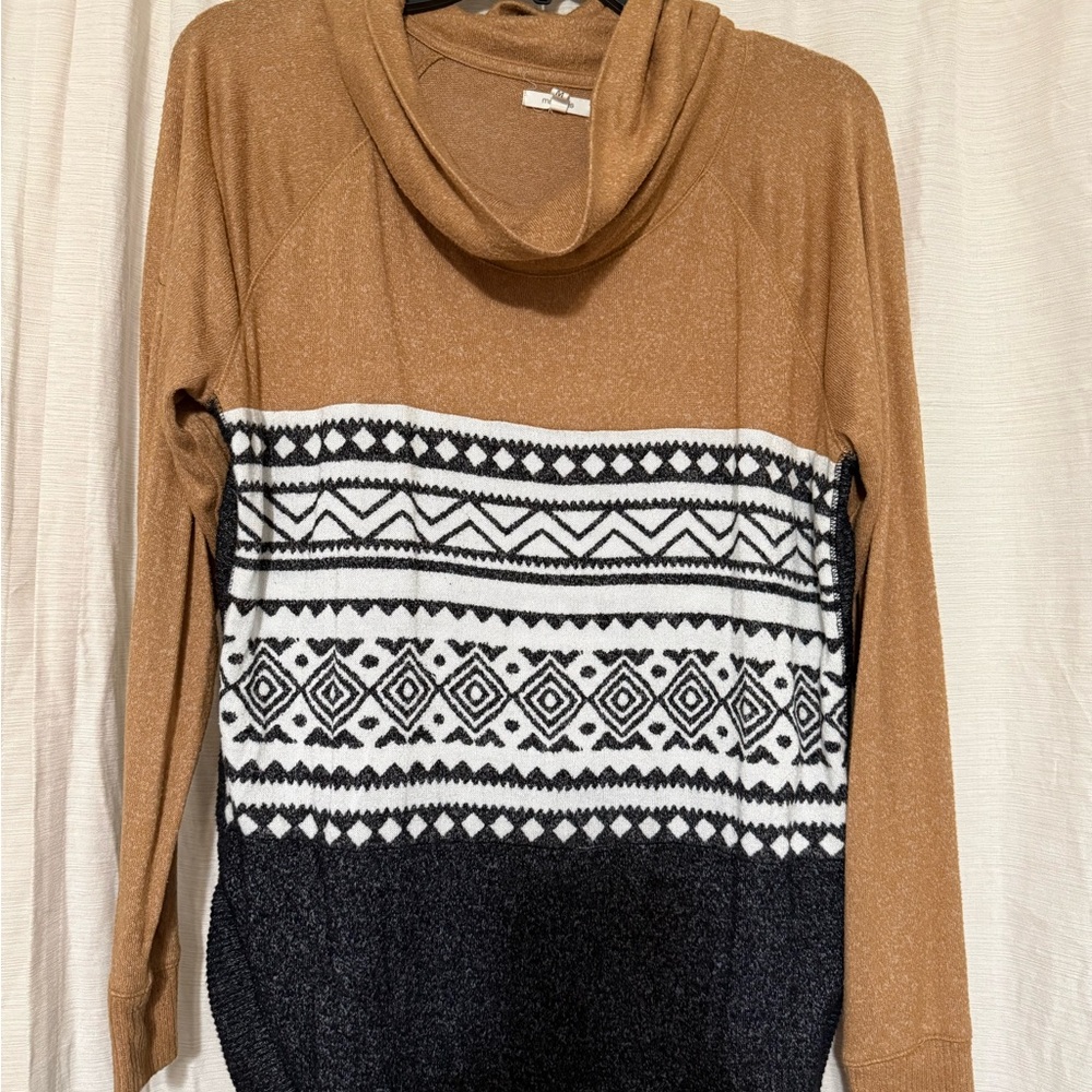 Maurices Tan and Black Geometric Cowl Neck Sweater